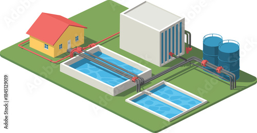 Isometric water purification and distribution system illustration showing storage tanks, filtration basins, pipelines, and household clean water supply