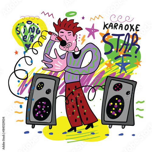 Karaoke singer man hand drawn vector illustration , multicolored doodle design element