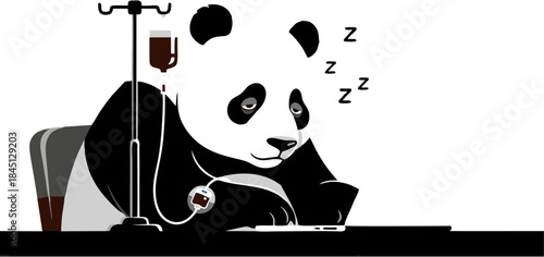 Panda resting peacefully with a drip bag, representing relaxation and well-being with subtle hints of medical care