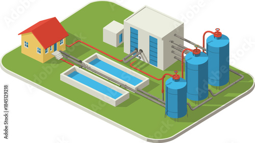 Isometric water purification and distribution system illustration showing storage tanks, filtration basins, pipelines, and household clean water supply