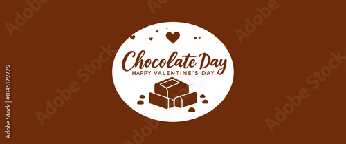 Chocolate day happy valentines day round badge featuring chocolate pieces and heart elements celebrating love romance and sweet gifting ideal for cards packaging posters social media and promotional.