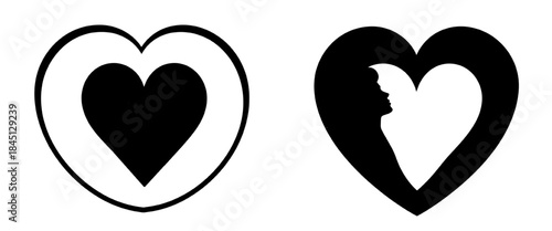 Black heart icons featuring a human face silhouette inside a heart shape symbolizing love romance emotion and relationships suitable for valentines wedding and romantic design projects
