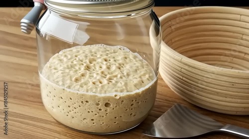 Fresh sourdough starter in glass jar beside bowl
