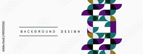 Abstract geometric pattern. Circles, squares, rectangles form repeating design. Purple, teal, gold colors dominate white space. Modern aesthetic.