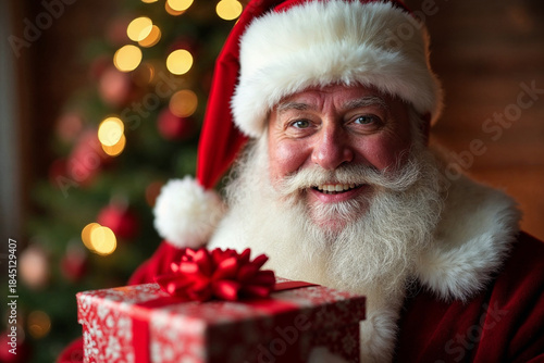 Santa Claus Close-Up Holding Gift Box and Smiling