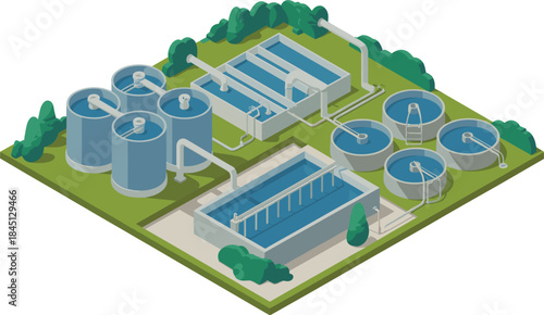 Isometric water treatment facility illustration showing settling tanks, filtration basins, pipelines, and sustainable clean water infrastructure design