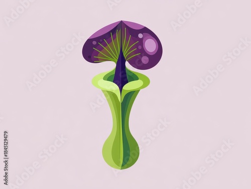 A stylized illustration of a carnivorous plant, with a purple-hued trap and a green vase-shaped body. The background is a soft pink