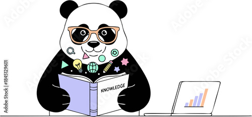 Creative cartoon panda illustration, a wise character immersed in a book of knowledge while analyzing business growth on a laptop, embodying smart learning and insightful innovation