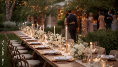 Elegant outdoor wedding reception dinner table decorated with candles, flowers, and lights during evening celebration