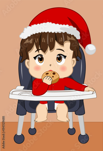 CIMAHI, INDONESIA-December 12, 2025- Anime of A baby with a Santa hat eating a cookie and sit down in baby feeding chair, with a simple background. Vector graphic design cartoon illustration.