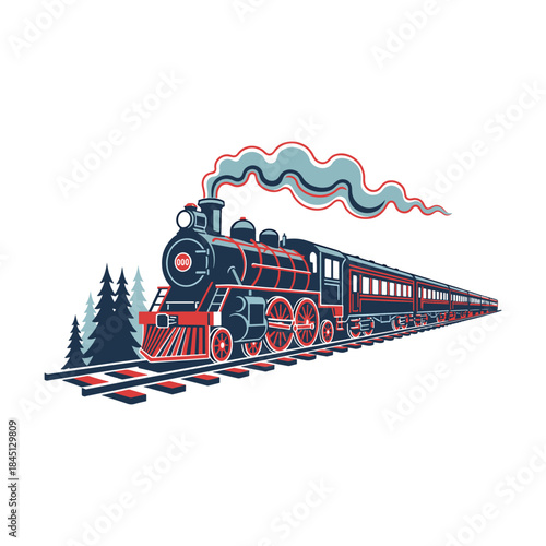 A powerful classic steam locomotive train engine puffing smoke on tracks vector illustration.