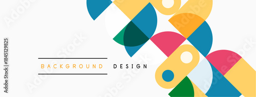 Abstract geometric shapes overlap, creating vibrant background. Colors include blue, yellow, green, orange, pink. Minimalist design elements present.