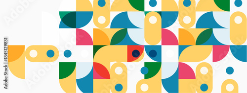 Abstract geometric pattern. Colorful shapes overlap, creating dynamic visual texture. Modern design, simple forms, bright hues.