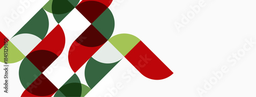 Abstract geometric pattern. Overlapping shapes create dynamic visual texture. Red, green, pale yellow hues dominate composition. Minimalist design.