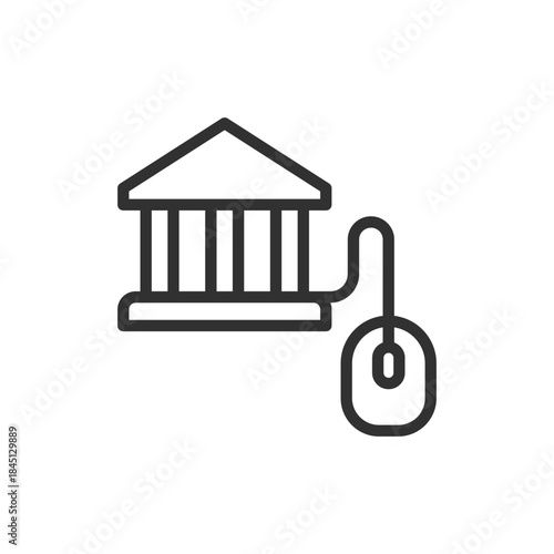 Bank building with mouse, linear icon. Online banking access and digital finance. Line with editable stroke.