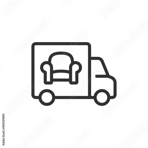 Truck carrying armchair, linear icon. Furniture delivery and moving service. Line with editable stroke.
