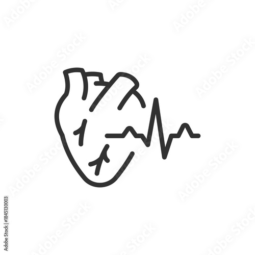 Heart with waveform line, linear icon. Cardiac rhythm and heartbeat activity. Line with editable stroke.