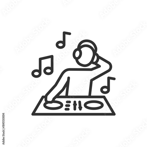 DJ at console, linear icon. Music mixing and performance activity. Line with editable stroke.