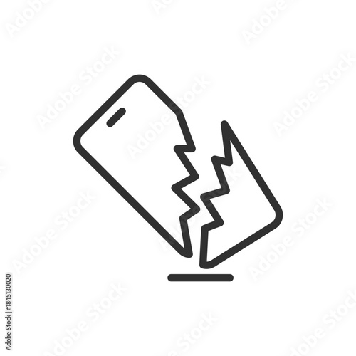 Broken phone split apart, linear icon. Severe device damage and destruction. Line with editable stroke.