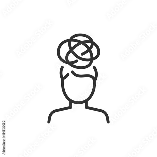 Person with tangled lines on head, linear icon. Confusion and mental overwhelm. Line with editable stroke.