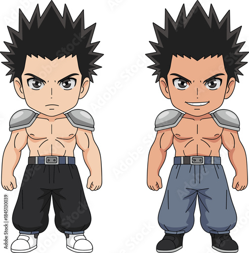 Chibi style anime male warrior character design set featuring a young fighter with spiked hair wearing armor pauldrons and combat trousers vector
