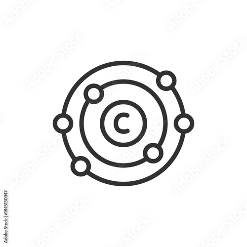 Atomic structure with electrons, linear icon. Molecular model and particle arrangement. Line with editable stroke.