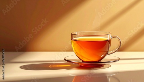 Steaming amber tea in a glass cup, glowing under warm sunlight, casts serene shadows, creating a tranquil and comforting ambiance for a peaceful break
