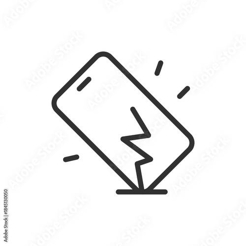 Phone hitting ground with crack, linear icon. Impact break and damaged smartphone. Line with editable stroke.