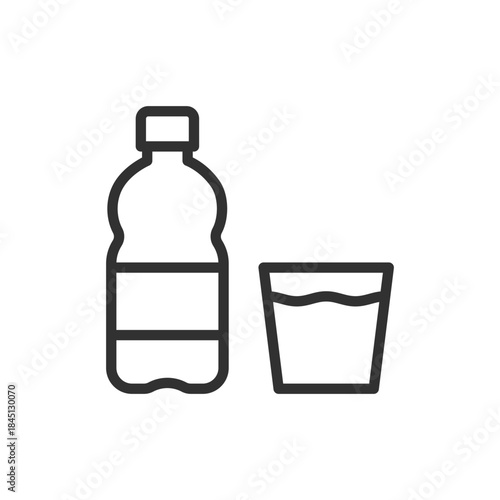 Water bottle with glass, linear icon. Hydration and drink serving. Line with editable stroke.