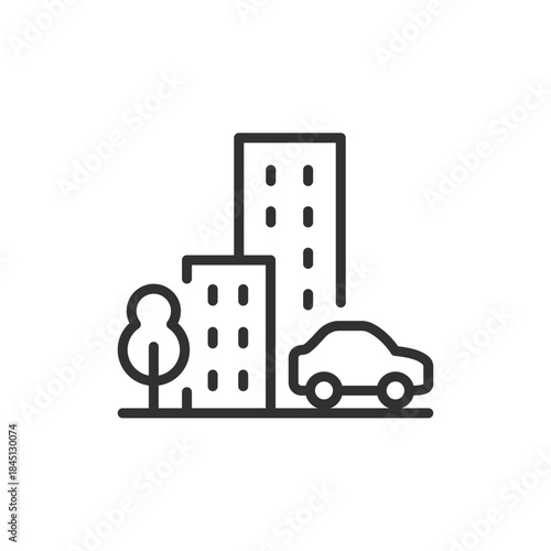 City buildings with car, linear icon. Urban environment and street landscape. Line with editable stroke.