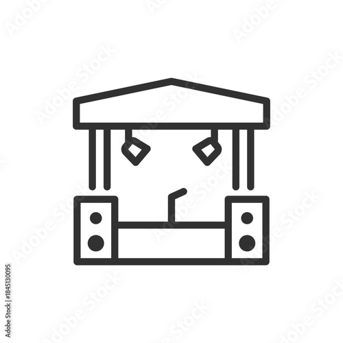 Stage with speakers and lights, linear icon. Performance area and event setup. Line with editable stroke.