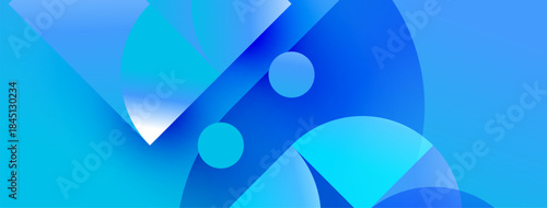 Abstract blue shapes overlap, creating dynamic composition. Smooth gradients suggest depth, modern design aesthetic.