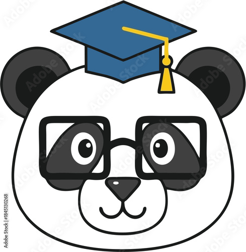 Cute Cartoon Panda Wearing Graduation Cap and Glasses - Adorable Animal Mascot Illustration