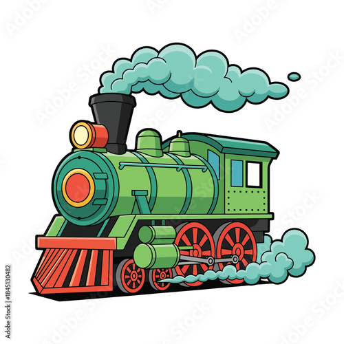 A green steam locomotive train engine blowing thick clouds of grey smoke, vector illustration.