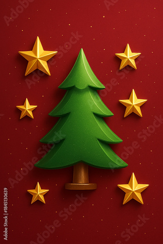 A festive 3D Christmas tree illustration with a rich green pine tree placed on a deep red textured background, surrounded by golden stars. This elegant holiday composition represents Christmas.