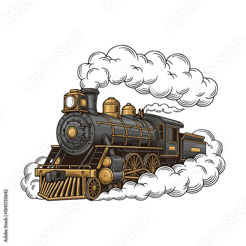 Vintage steam train locomotive engine puffing white smoke clouds vector illustration