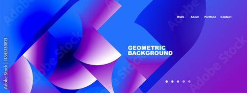 Abstract geometric shapes, vibrant blue purple hues. Website header with navigation options, simple dots below text. Modern design.
