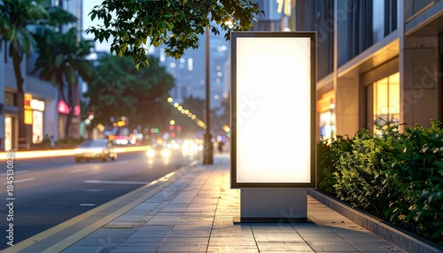 Brightly lit blank advertisement panel standing on an urban street at twilight, perfect for new campaign messaging