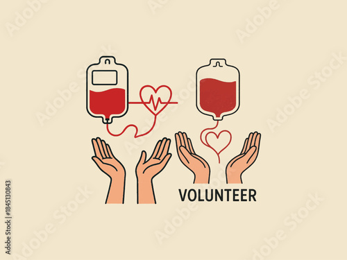 Blood donation bag with heart line and volunteer hands, awareness