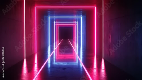 Neon-lit corridor with reflections and depth illusion