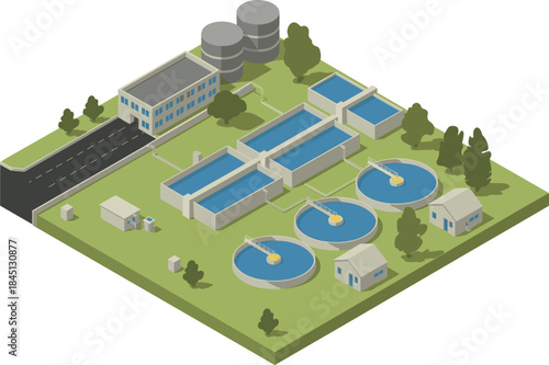 Isometric water treatment plant illustration showing sedimentation tanks, filtration basins, buildings, and municipal clean water infrastructure system