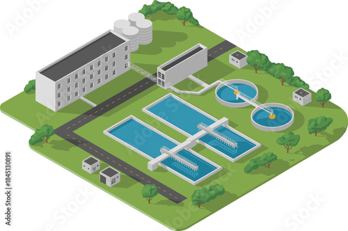 Isometric water treatment plant illustration showing sedimentation tanks, filtration basins, buildings, and municipal clean water infrastructure system