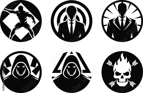 Set of black and white tactical silhouette logos featuring mysterious hooded figures secret agents skulls and target icons for gaming security and military branding vector