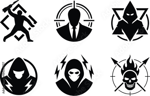 Collection of black and white tactical silhouette logos featuring mysterious hooded figures secret agents skulls and target icons for gaming security and military branding vector