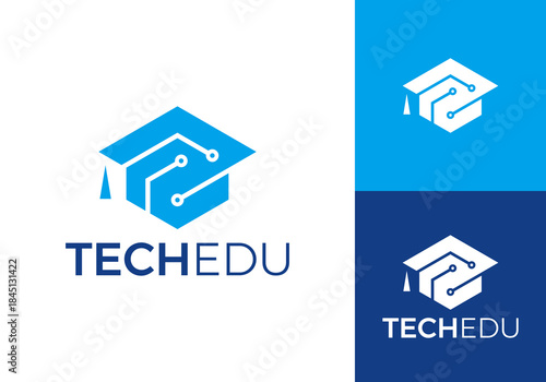 Simple graduation hat logo. Tech education connection logo design vector