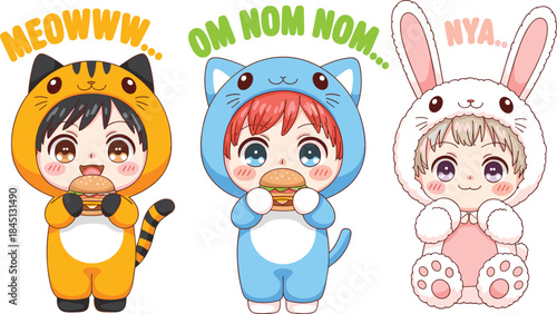 Cute kawaii chibi characters wearing tiger cat and rabbit animal onesies eating burgers with meow om nom nom and nya text typography vector