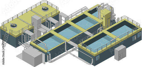Isometric water treatment system illustration with filtration tanks, pipelines, control units, and industrial clean water processing infrastructure