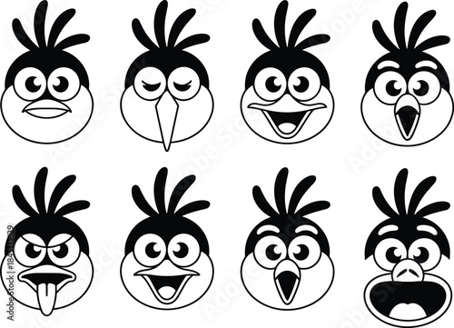 Set of cute black and white bird head emoticons with various facial expressions and mohawk crests for social media stickers digital scrapbooking and character design vector