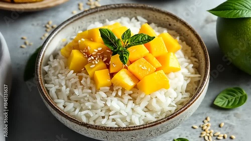Rice bowl topped with fresh mango in a serene setting