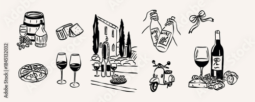 Vintage hand drawn wine party collection